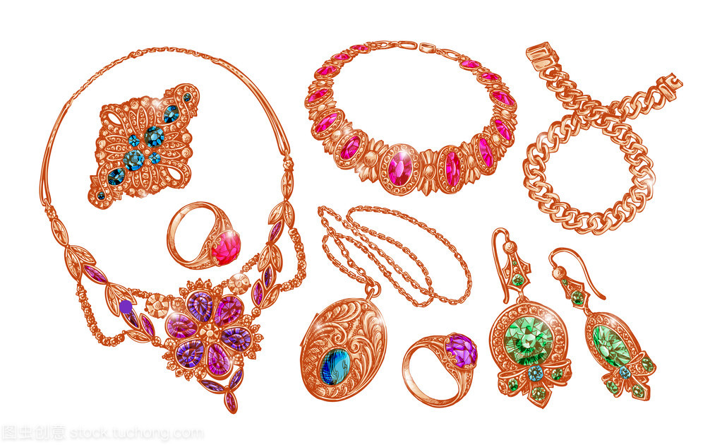 寶石和珠寶。黃金,結(jié)婚戒指,項鏈,項鏈,手鐲,耳環(huán),鏈。矢量圖
